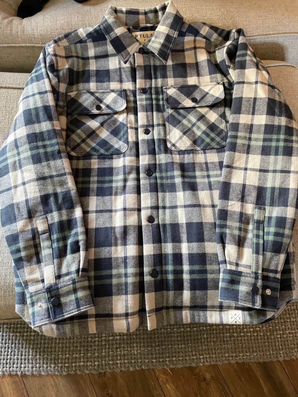 P'tula Plaid Button-Front Shacket in Navy, Cream & Olive
